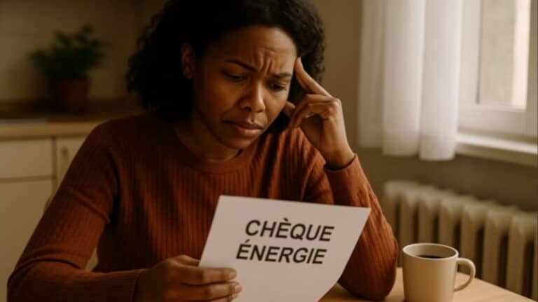 Femme perplexe découvrant le montant de son chèque énergie dans sa cuisine.