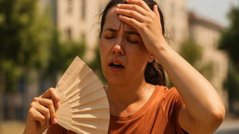 Jeune femme souffrant de la canicule en ville, transpirant et se ventilant avec un éventail sous une forte chaleur.