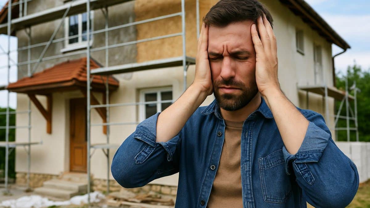 Homme en détresse sans MaPrimeRenov' devant sa maison en rénovation entourée d’échafaudages.