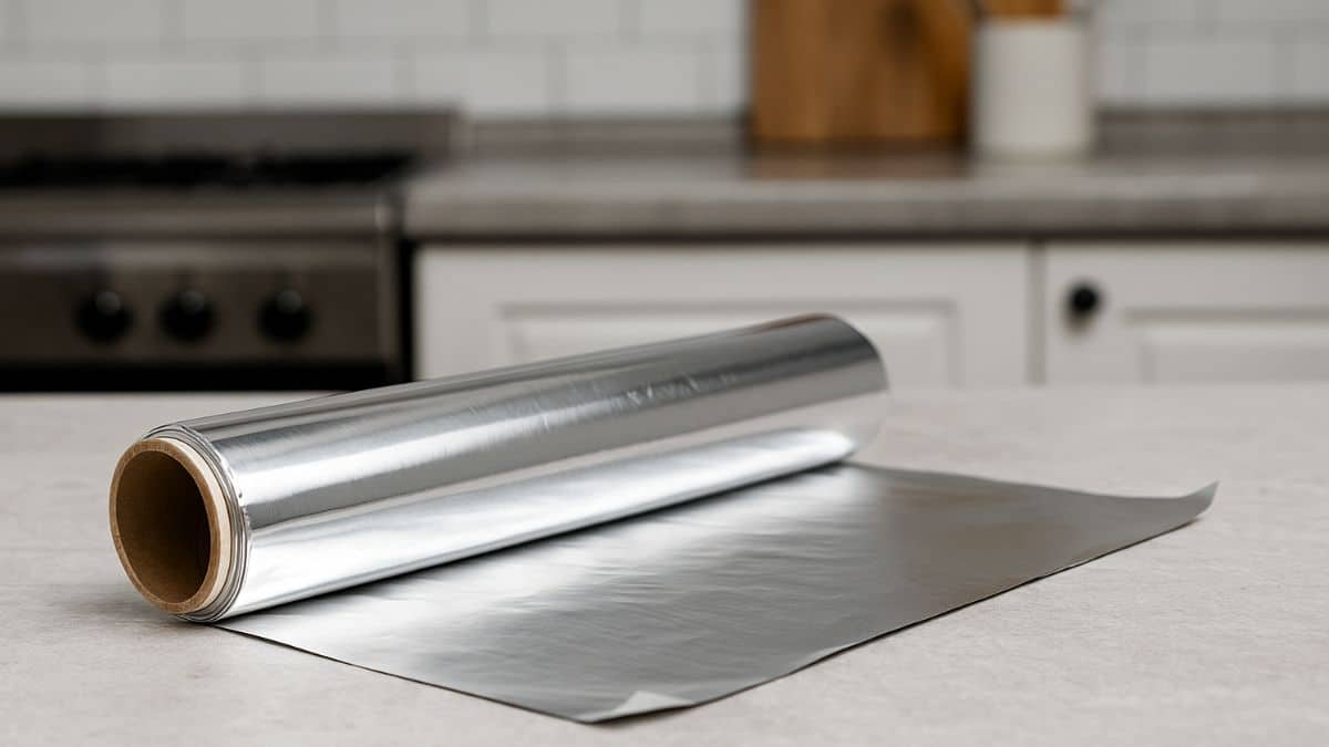 Un rouleau de papier aluminium déroulé sur un plan de travail montrant clairement la face brillante et la face mate dans une cuisine.