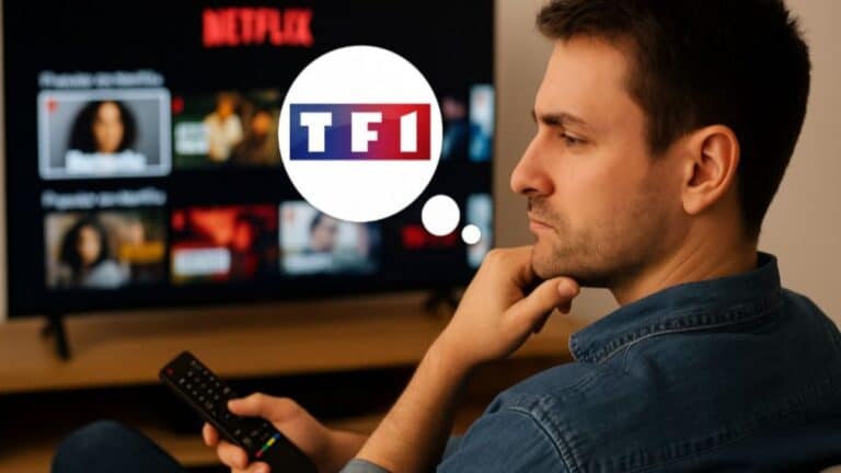 Un homme regarde Netflix en pensant à TF1, représenté par une bulle de réflexion avec le logo de la chaîne.