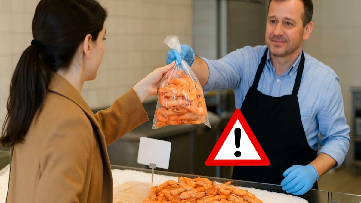 Une femme achète des crevettes chez un poissonnier dans une poissonnerie française.