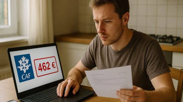 Homme blanc consultant une aide de 462 euros sur le site de la CAF avec des documents à la main.