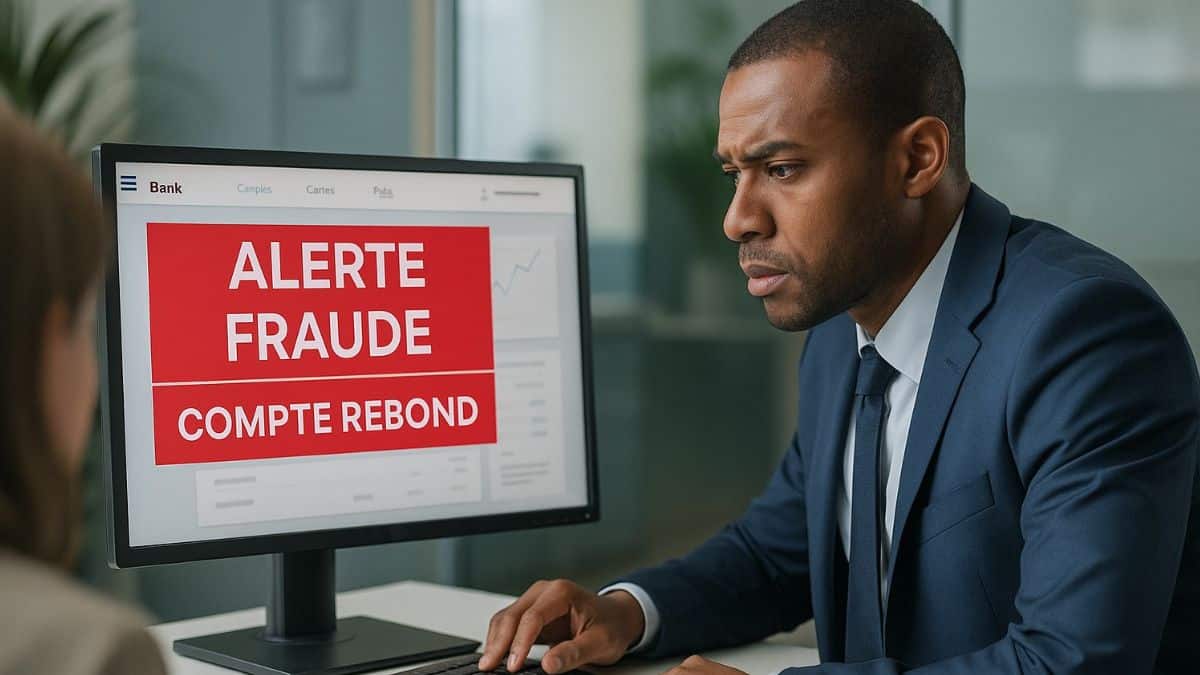 Un conseiller bancaire analyse une alerte de fraude liée à un compte rebond affichée sur son écran en français.