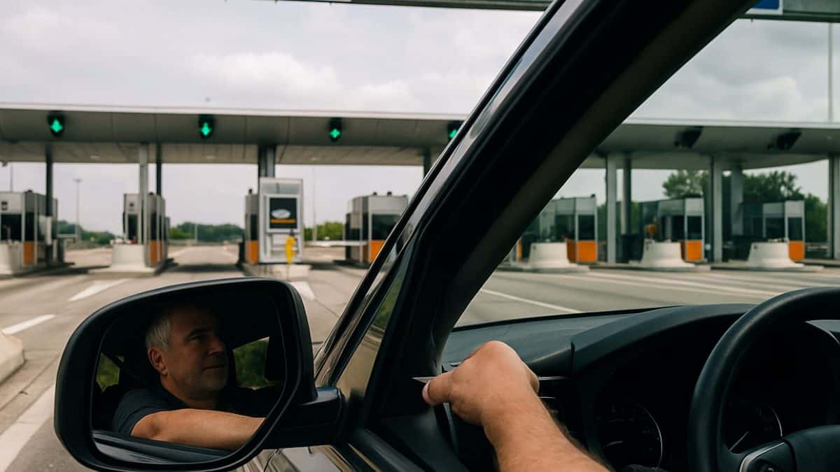 Un automobiliste approchant d'un péage