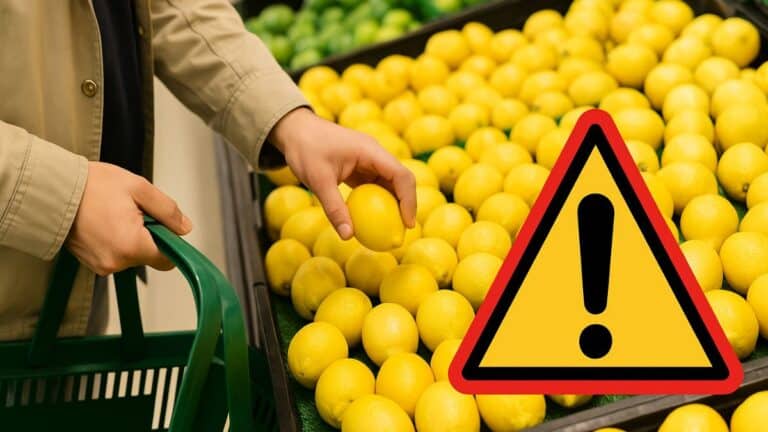 Une personne choisit un citron sur un étal de supermarché avec un symbole d’alerte visible.