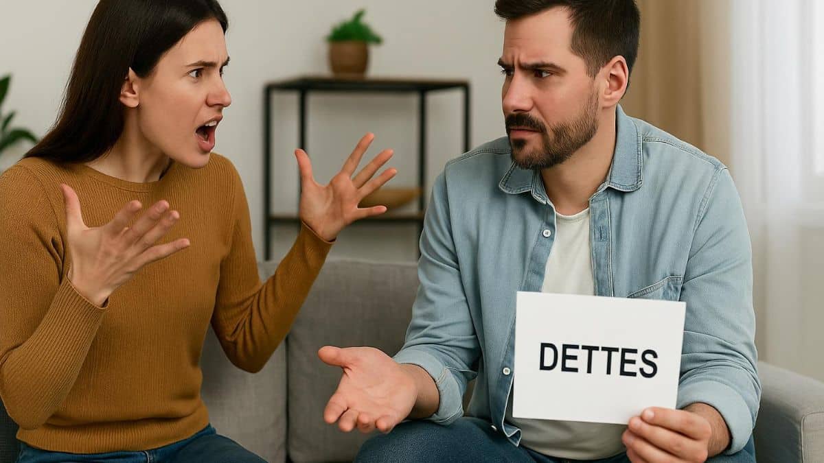 Un couple marié se dispute dans son salon à propos des dettes contractées par l’un des conjoints.