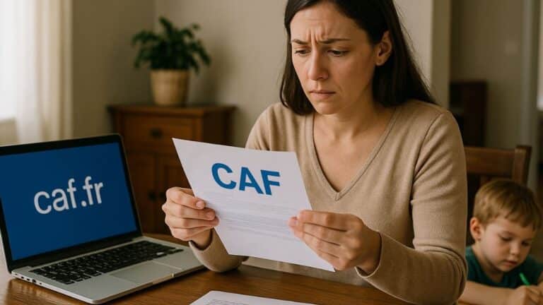 Parent inquiet consultant un courrier de la CAF avec un enfant à proximité, évoquant une possible suspension des aides.