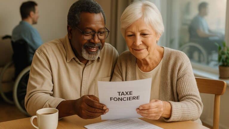 Couple de retraités consultant leur avis de taxe foncière 2025, avec en arrière-plan une personne en situation de handicap.