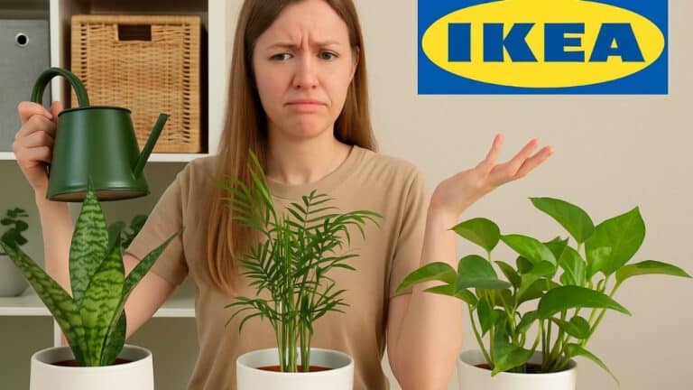 Une femme hésite sur la façon d’arroser ses plantes devant un décor intérieur avec des pots style IKEA.