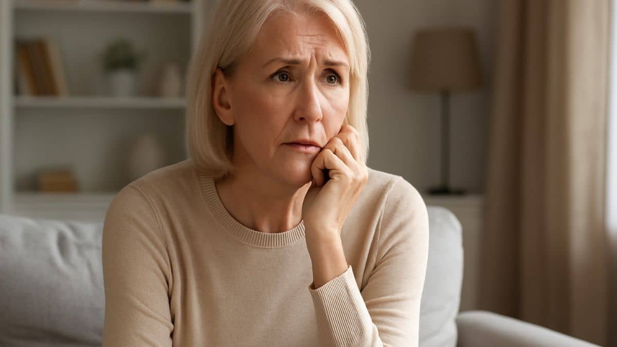 Une femme proche de la retraite, inquiète de la réforme, assise dans son salon