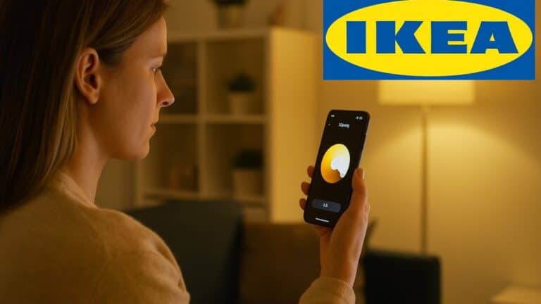 Femme contrôlant la lumière de son salon via smartphone avec logo IKEA visible.