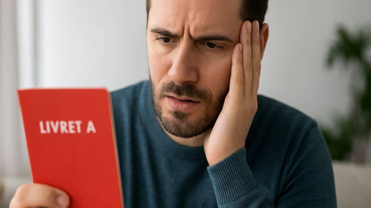 Homme inquiet consultant son Livret A chez lui, préoccupé par une éventuelle erreur de déclaration.