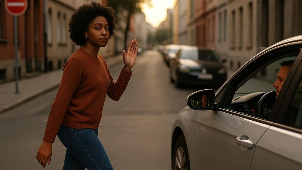 Un piéton traverse une rue sans passage clouté, sous le regard d’un automobiliste arrêté, dans une rue de centre-ville.