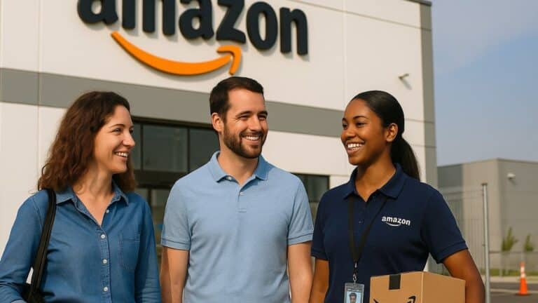 Des employés d’Amazon en France entrant dans un entrepôt moderne, illustrant les recrutements en cours.