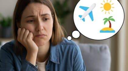 Une jeune femme triste rêve de vacances avec un avion, un soleil et une plage dans une bulle.
