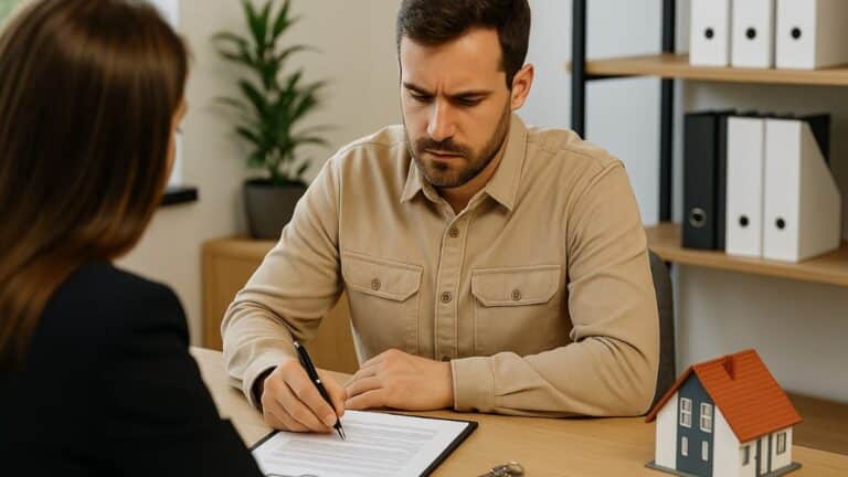 Un homme signe un contrat d’achat de logement face à une agente dans un bureau lumineux.