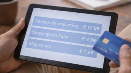 Personne consultant une liste d’abonnements en euros sur une tablette, illustrant un abonnement conservé par habitude