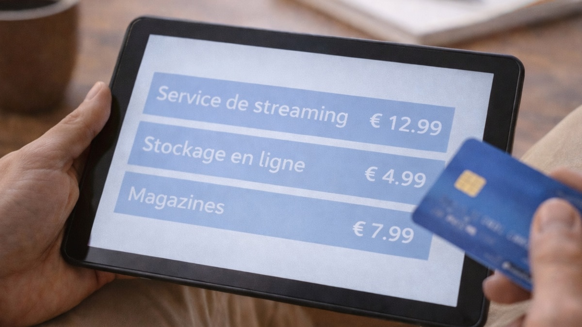 Personne consultant une liste d’abonnements en euros sur une tablette, illustrant un abonnement conservé par habitude