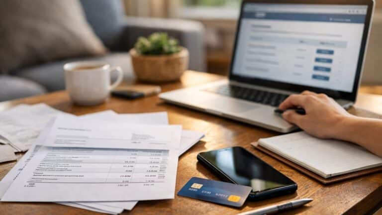 Relevé bancaire posé sur une table avec une carte bancaire et un smartphone