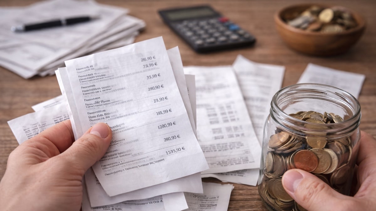 Personne examinant un relevé bancaire posé sur une table, illustrant une dépense qui s’accumule progressivement dans le budget