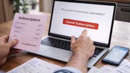 Personne consultant un service sur son téléphone avec un document de facturation posé sur une table, illustrant une dépense récurrente devenue inutile