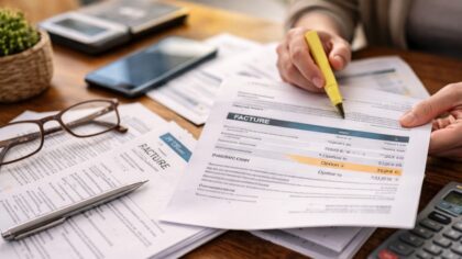Facture posée sur une table avec une option payante mise en évidence lors d’une vérification de dépenses