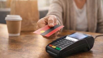 Paiement par carte bancaire sur un terminal, illustrant un réflexe de dépense du quotidien
