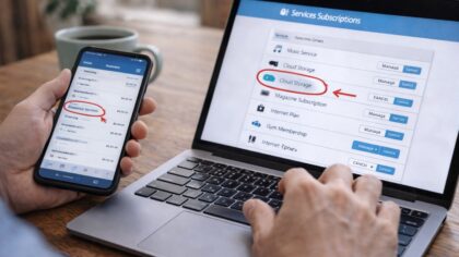 Personne assise à une table examinant calmement un relevé de dépenses, illustrant un service payé machinalement