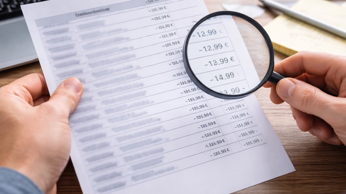 Personne examinant attentivement un relevé bancaire posé sur une table, illustrant un paiement discret rarement remarqué