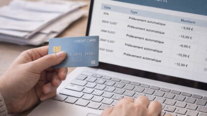 Personne tenant une carte bancaire devant un écran affichant des prélèvements automatiques sur un compte