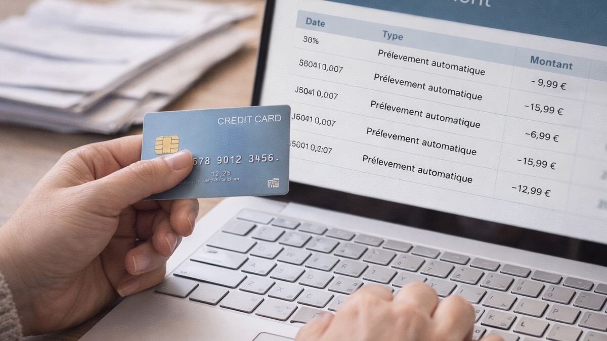 Personne tenant une carte bancaire devant un écran affichant des prélèvements automatiques sur un compte