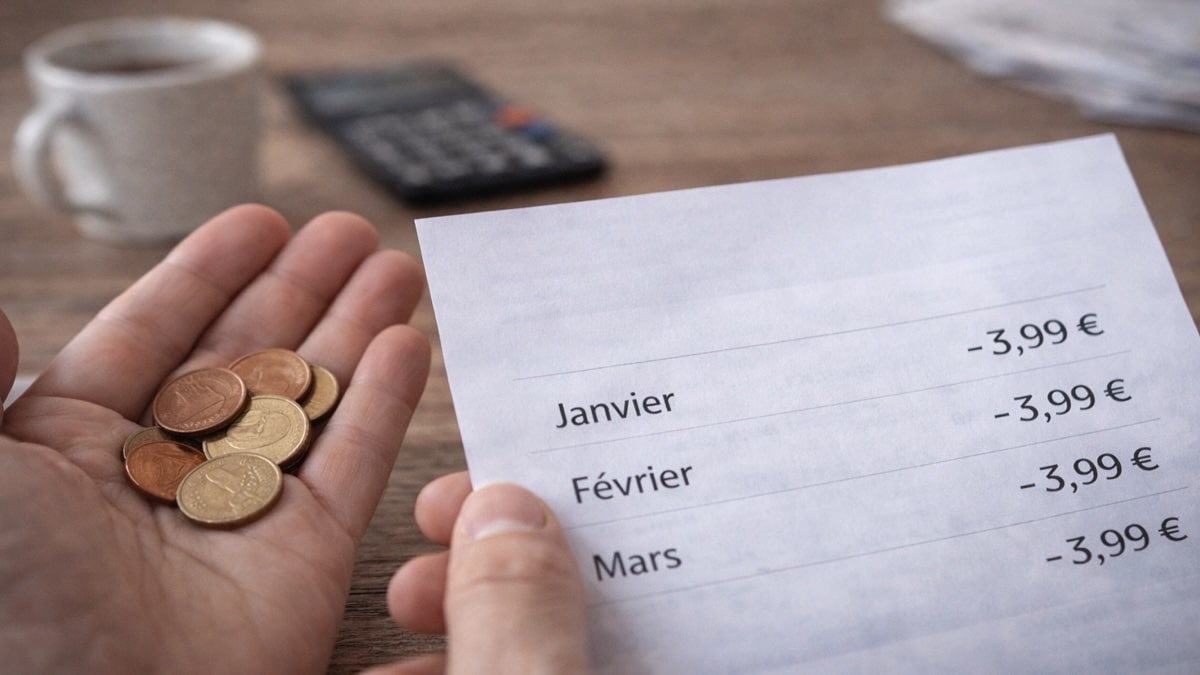 Personne tenant des factures et regardant un relevé bancaire, illustrant un petit montant mensuel répété dans le budget