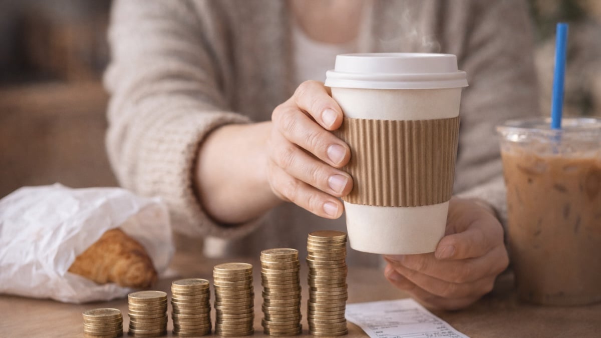 Gobelet de café posé devant des pièces empilées sur une table, illustrant l’accumulation de petites dépenses quotidiennes