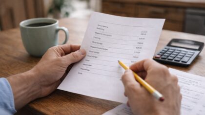 Personne assise à une table examinant calmement des documents de dépenses, illustrant un poste de dépense accepté par habitude