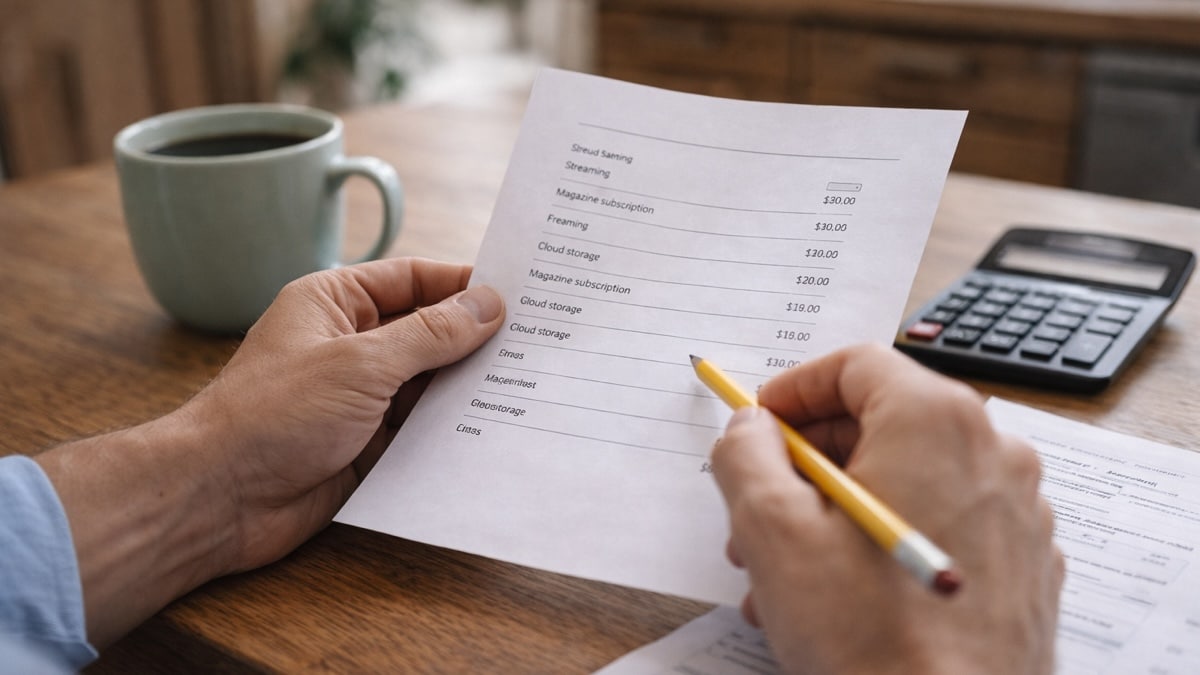 Personne assise à une table examinant calmement des documents de dépenses, illustrant un poste de dépense accepté par habitude