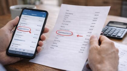 Personne examinant un relevé bancaire sur une table, illustrant un prélèvement automatique passé inaperçu