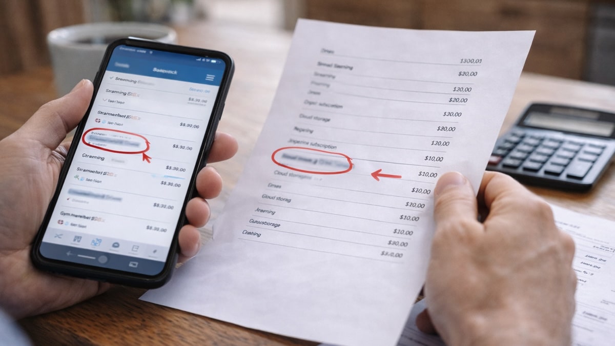 Personne examinant un relevé bancaire sur une table, illustrant un prélèvement automatique passé inaperçu