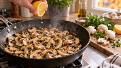 Jus de citron versé sur des champignons de Paris émincés dans une poêle
