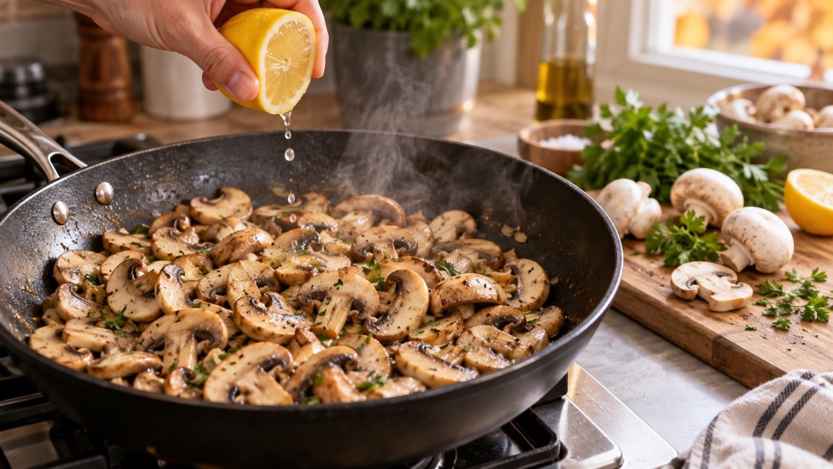 Jus de citron versé sur des champignons de Paris émincés dans une poêle