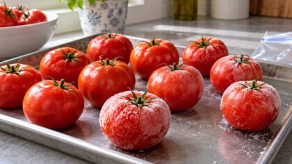 Tomates crues disposées sur une plaque avant congélation