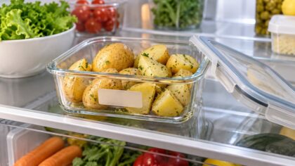 Pommes de terre cuites conservées dans une boîte au réfrigérateur