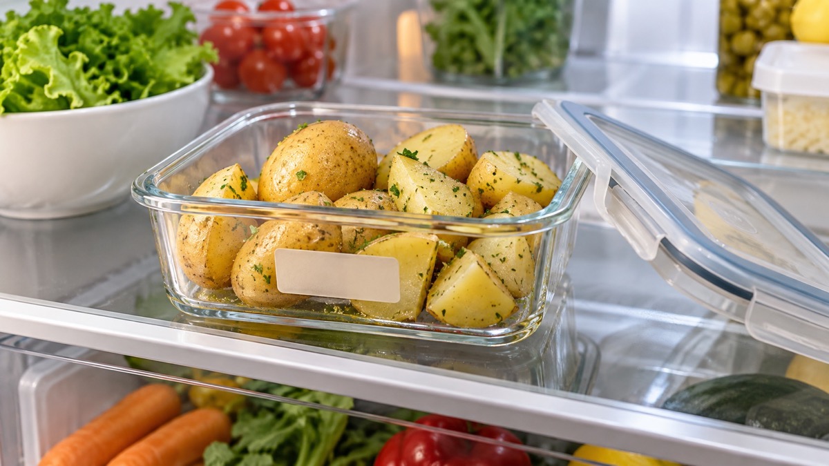 Pommes de terre cuites conservées dans une boîte au réfrigérateur