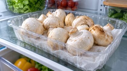 Champignons de Paris humides conservés dans un réfrigérateur