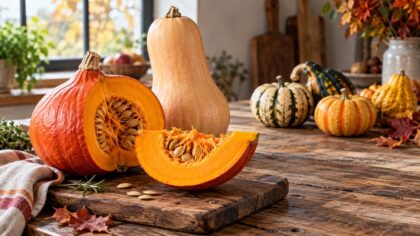 Potimarron coupé entouré de courges alimentaires et de coloquintes décoratives