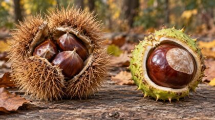 Comparaison entre une châtaigne comestible dans sa bogue et un marron d’Inde toxique