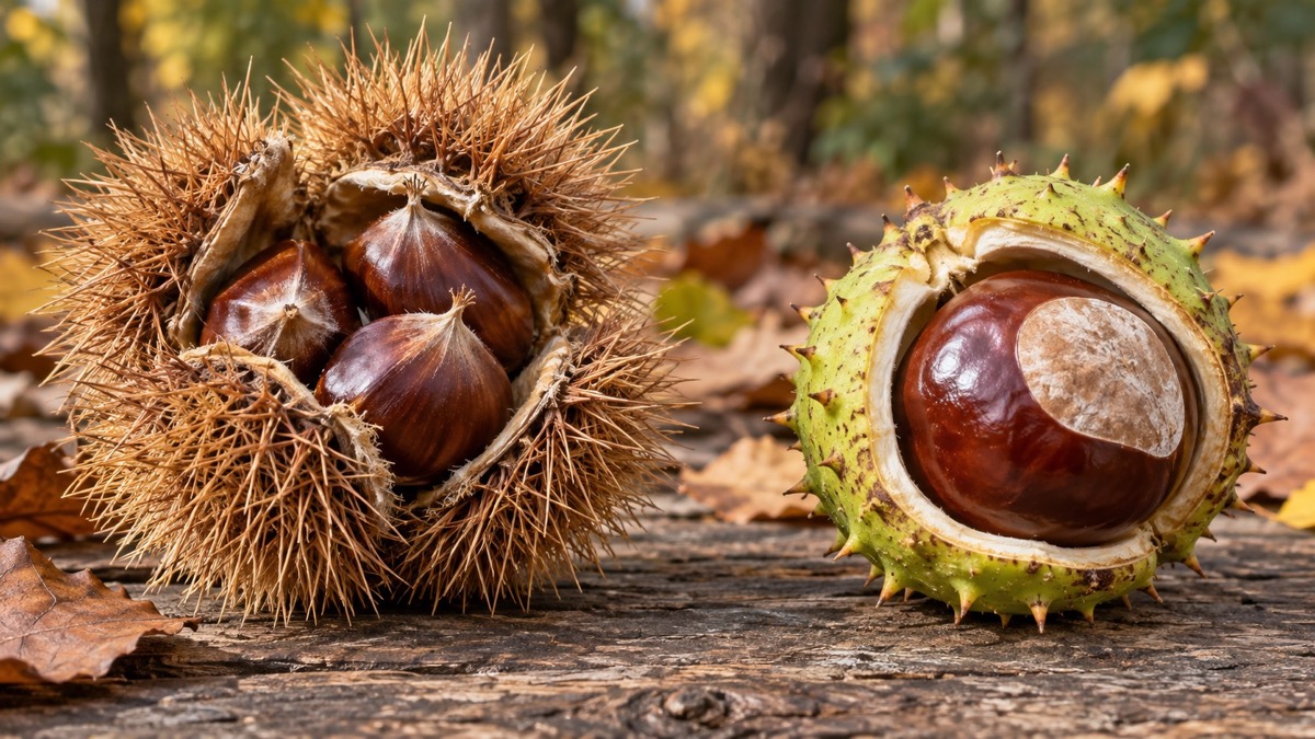 Comparaison entre une châtaigne comestible dans sa bogue et un marron d’Inde toxique