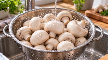 Des champignons de Paris rincés rapidement sous un filet d’eau