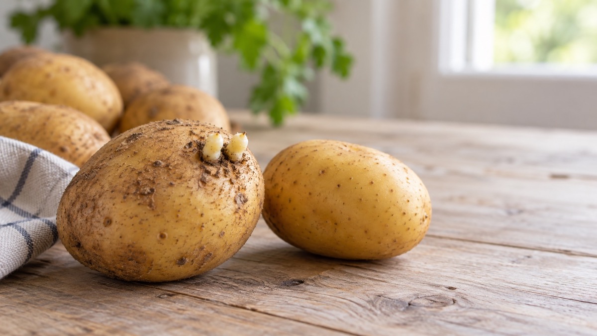 Pommes de terre germées posées sur une table de cuisine