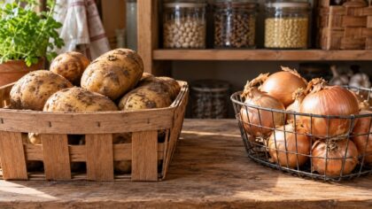 Pommes de terre et oignons rangés séparément dans deux paniers aérés